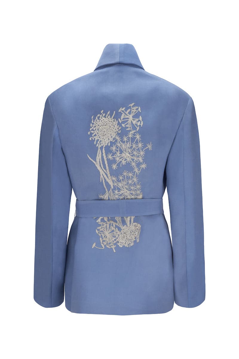 Nadya Shah Nyla powder blue belted jacket with long sleeves and front button closure, stylish and lightweight outerwear.