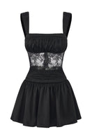 Black Naomi Jacqueline lace satin mini dress with delicate lace details and a fitted silhouette, perfect for stylish occasions.