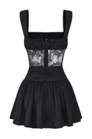 Black Naomi Jacqueline lace satin mini dress displayed from the back, showcasing elegant lace details and a sleek satin finish.