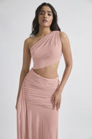 Deme by Gabriella Narcisa maxi gown featuring elegant drape and floral details, perfect for formal occasions.