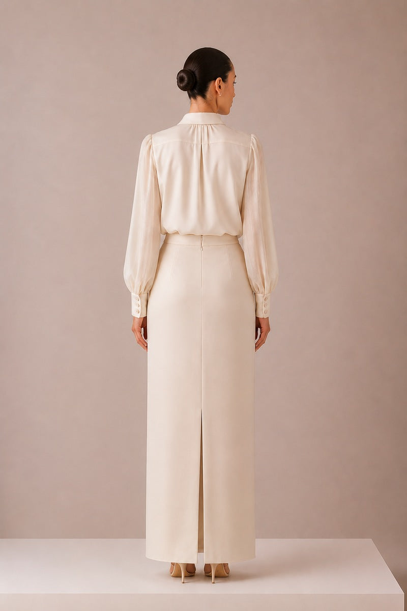 Nihan Peker NAREEN Vanilla co-ords set featuring a matching top and pants in soft vanilla fabric.