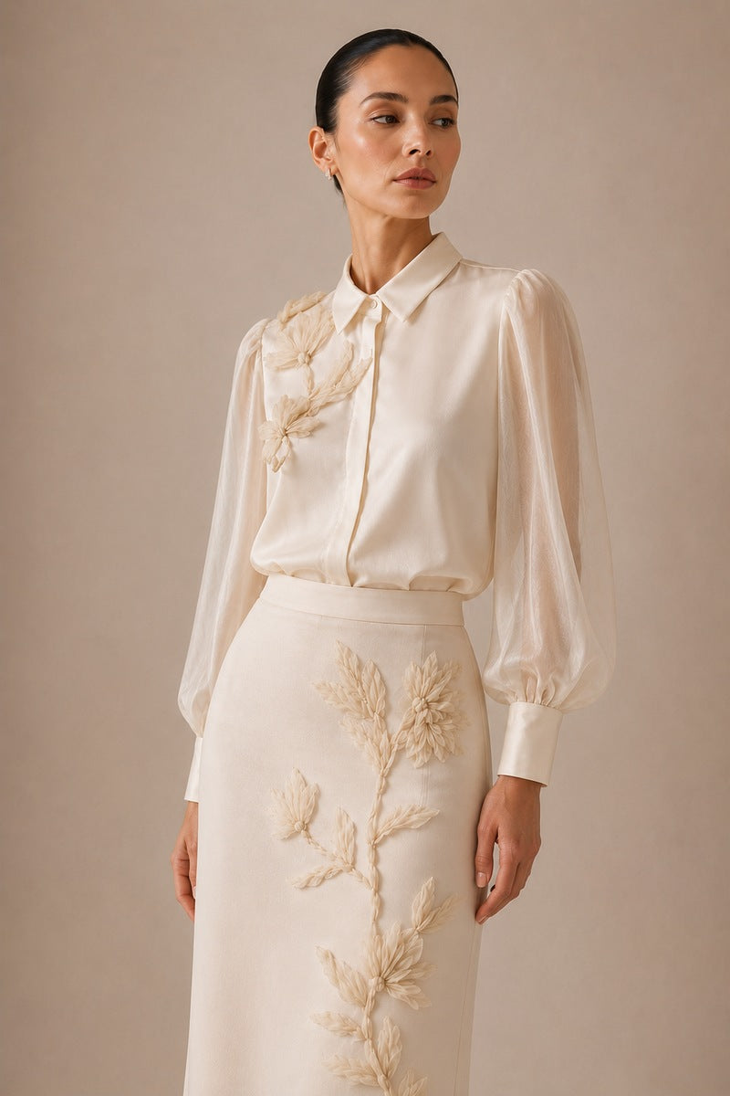 Nihan Peker NAREEN vanilla co-ords set featuring a stylish top and matching pants on a model.