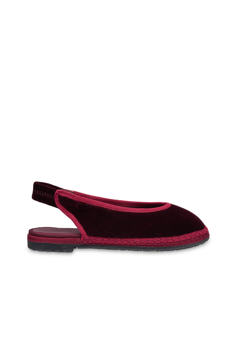 Flabelus Narnia burgundy flats with red piping, stylish slip-on shoes for women, featuring a sleek design and comfortable fit.