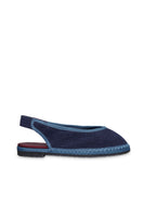 Flabelus Narnia navy linen flats with blue piping, featuring a sleek, comfortable slip-on design and stylish detailing.