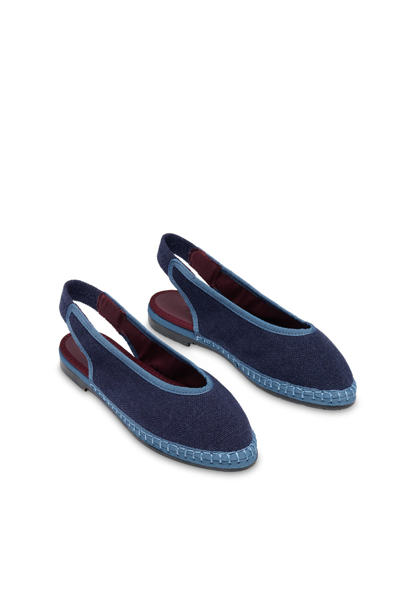 Flabelus Narnia navy linen flats with blue piping, featuring a comfortable slip-on design and stylish detailing.