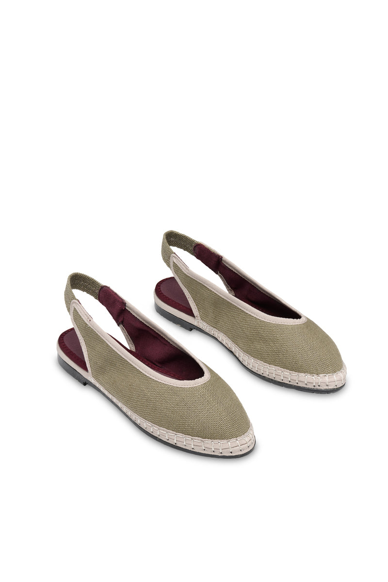 Flabelus Narnia green linen flats with beige piping, stylish and comfortable footwear for casual wear.