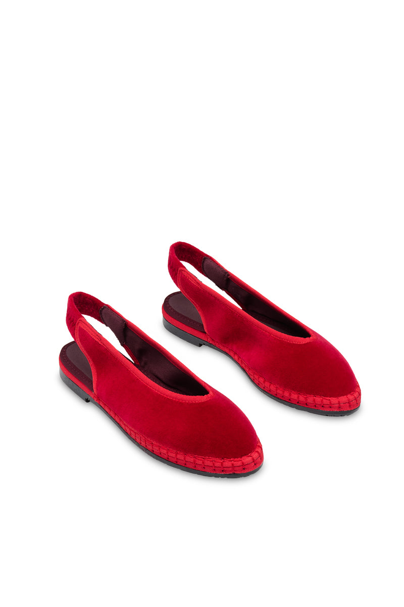 Flabelus Narnia red flats with matching red piping, stylish slip-on shoes for women, featuring a sleek and comfortable design.