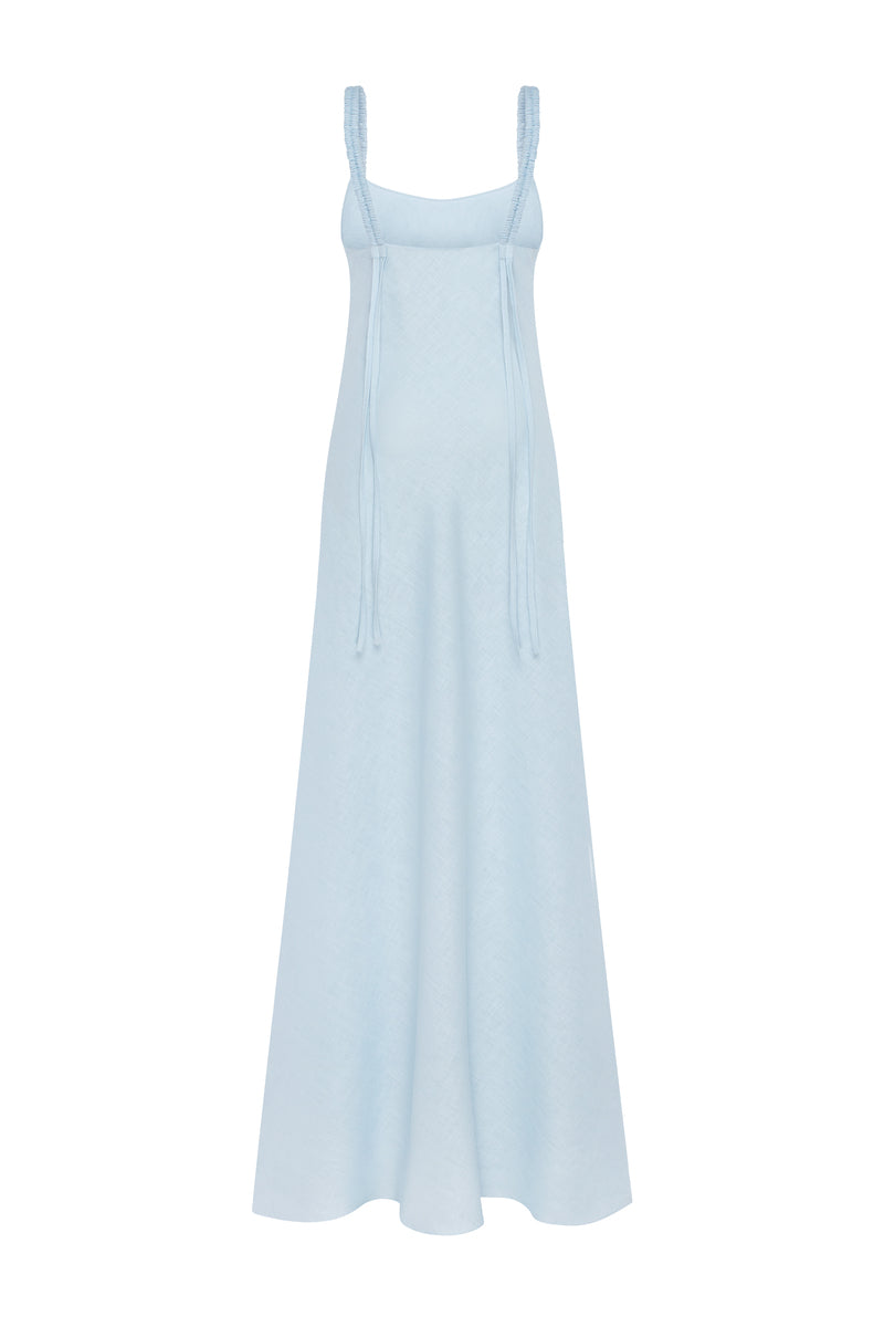 Baby blue NATIA maxi dress by Tamar Keburia, flowing fabric with a relaxed fit and elegant design, suitable for casual or formal wear.