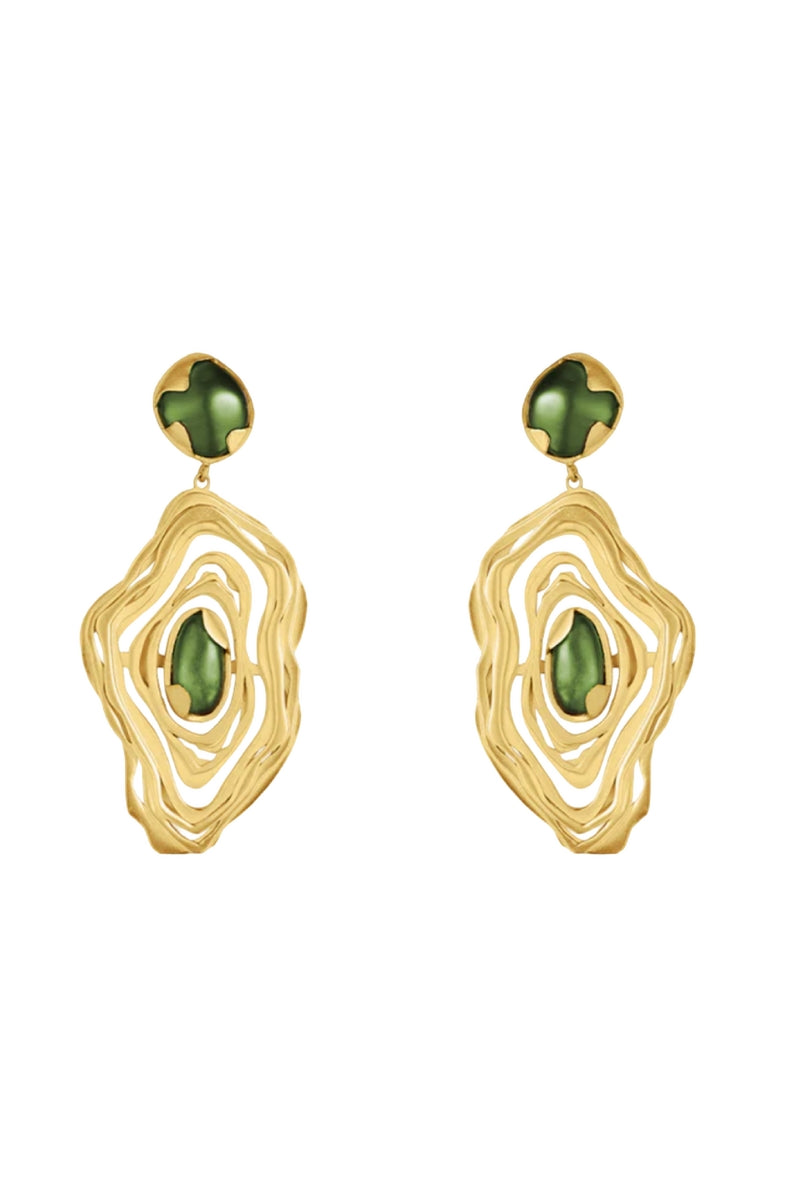 Gold and green Nebula earrings by Jude Benhalim featuring intricate design and elegant dangle style.