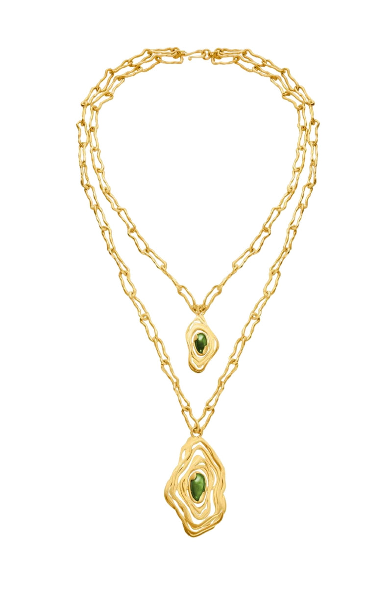 Gold and green nebula necklace by Jude Benhalim featuring intricate celestial-inspired design on a delicate chain.