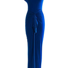 Deme by Gabriella Nellie electric blue draped maxi dress displayed on a hanger with flowing fabric and elegant design.