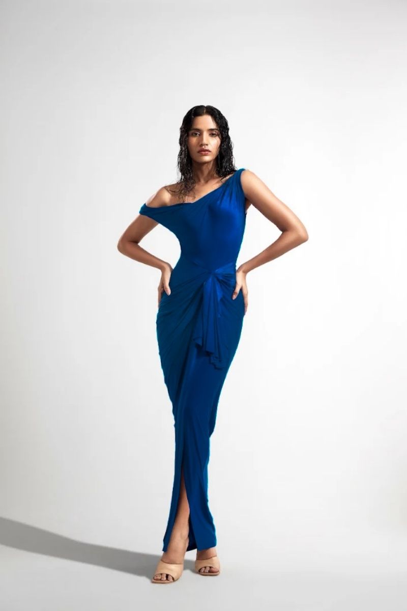 electric blue dress women Electric Blue Stretch Satin Long Dress With Wrap-Over Slit And Lace-Up