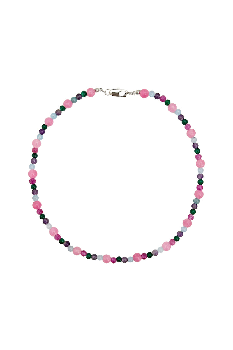 Aethera Nina amethyst and chalcedony mixed collar necklace featuring vibrant purple and blue gemstones on a delicate chain.