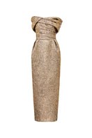Gold jacquard pleated off-shoulder gown by HACCHIC COUTURE, featuring elegant fabric and a stylish off-the-shoulder design.
