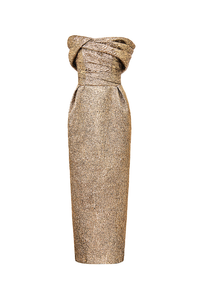 JACQUARD GOLD PLEATED OFF-SHOULDER DRESS | CULT MIA