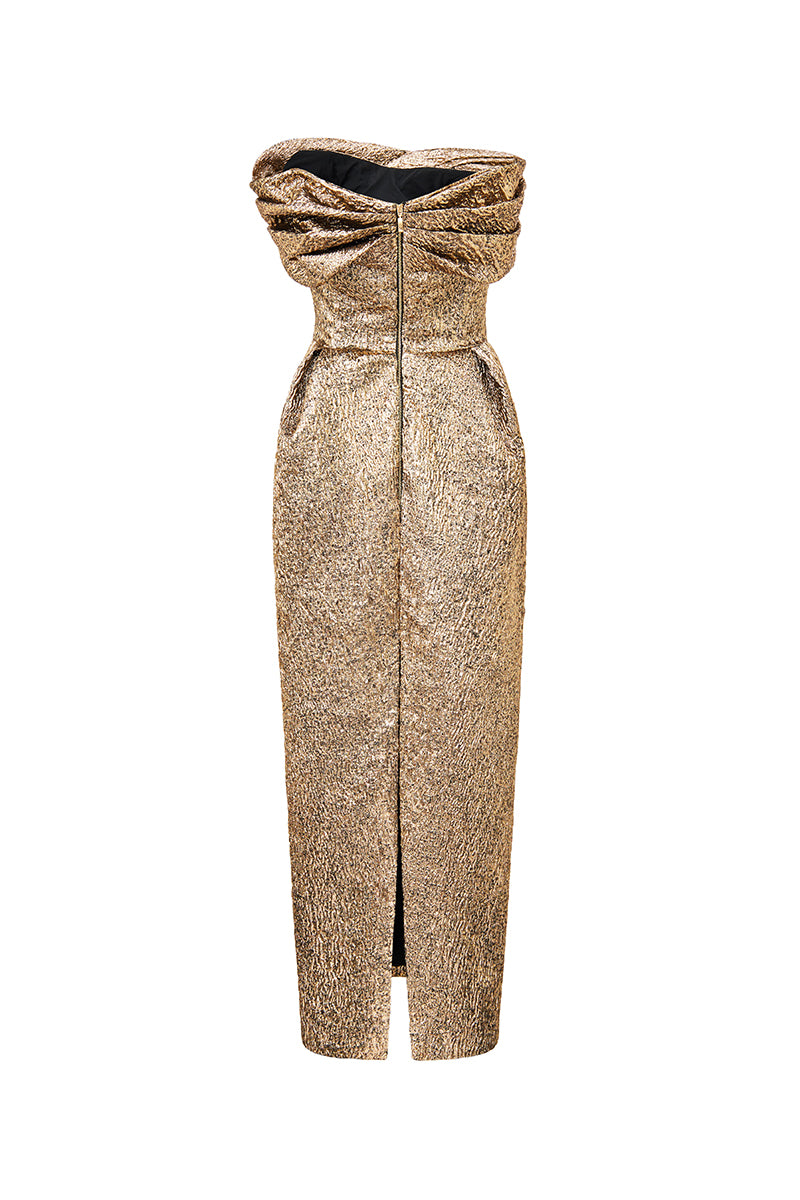 JACQUARD GOLD PLEATED OFF-SHOULDER DRESS | CULT MIA | HACCHIC COUTURE JACQUARD GOLD PLEATED OFF-SHOULDER DRESS | CULT MIA | HACCHIC COUTURE