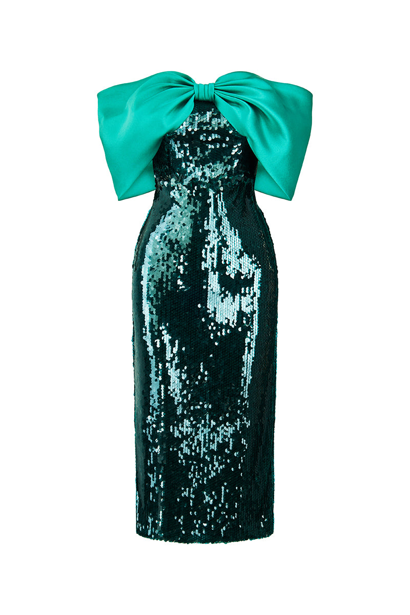 Green big bowtie gown by HACCHIC COUTURE featuring a flowing design and elegant bow detail on the dress.