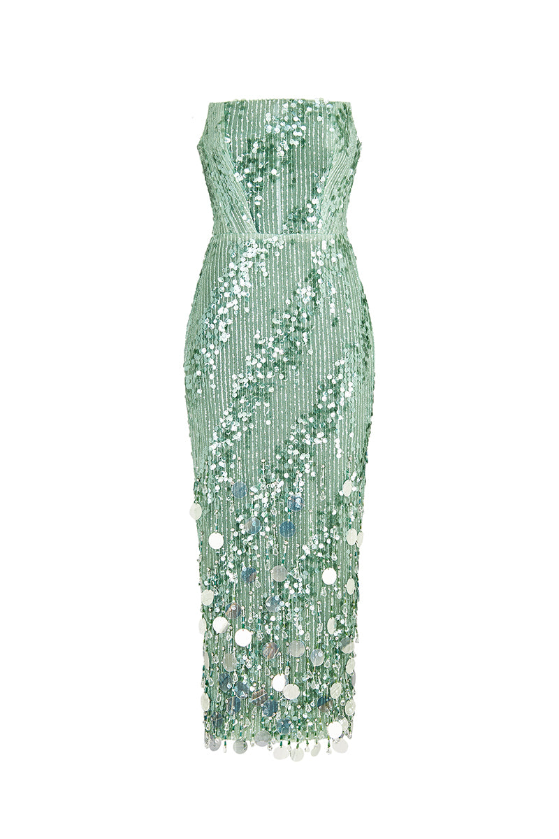 GREEN SEQUIN STRAPLESS DRESS - CULT MIA