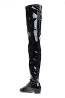 A pair of black patent-effect AERA Nicoletta boots with a sleek, shiny finish and ankle-high design shown from the back.