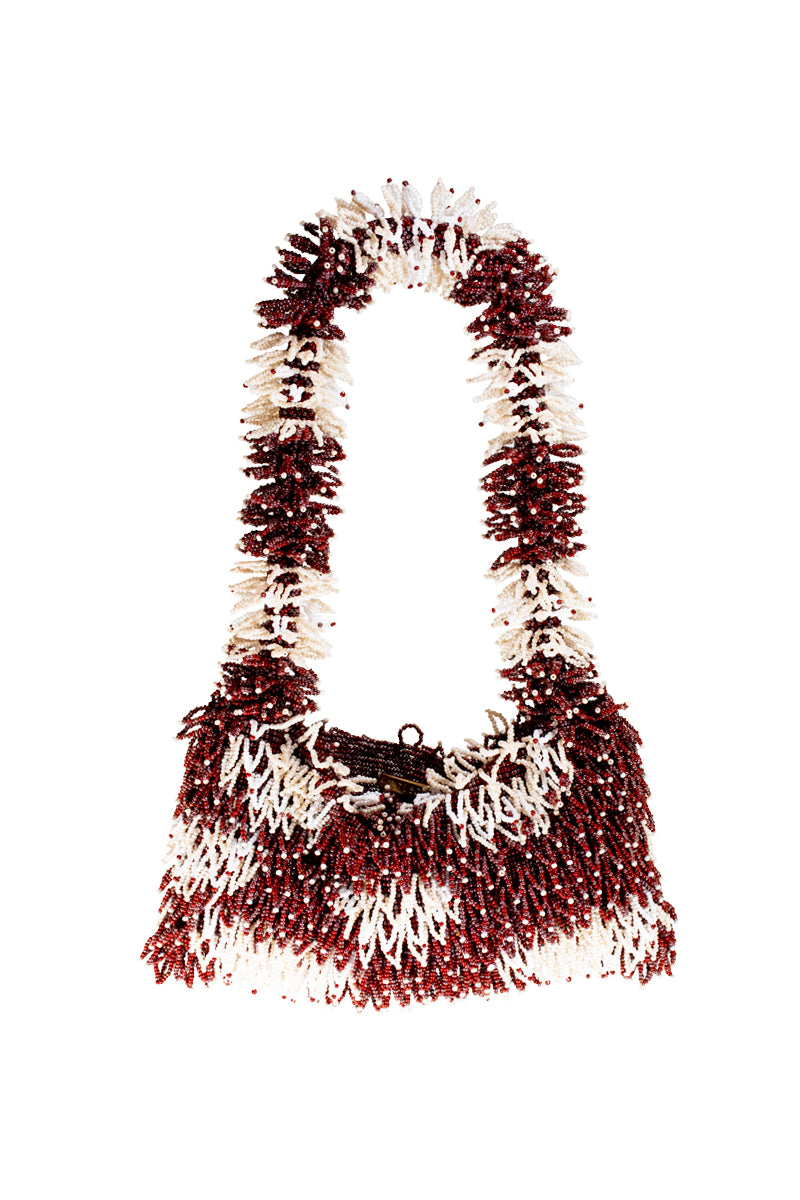 Nina Burgundy cream and gold top handle bag by Sac de Soul, featuring a sleek design and gold accents, front view.