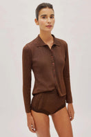 Labeca Nina chocolate sparkle button-up shirt, stylish long-sleeve shirt with shimmering details, casual yet chic for everyday wear.