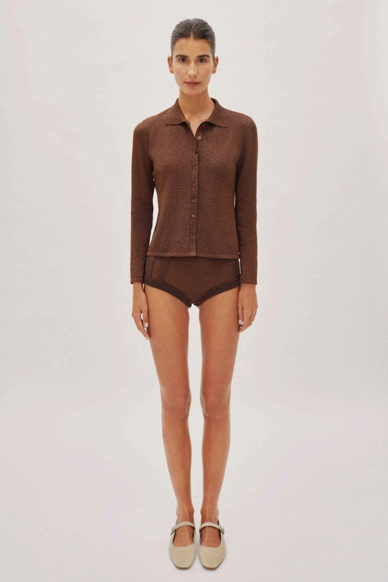 Dark chocolate brown button-up shirt by Labeca with subtle sparkle detail, tailored fit, and classic collar, ideal for stylish casual wear.