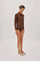 Labeca Nina chocolate sparkle button-up shirt with long sleeves and a classic collar, featuring a subtle shimmer fabric.