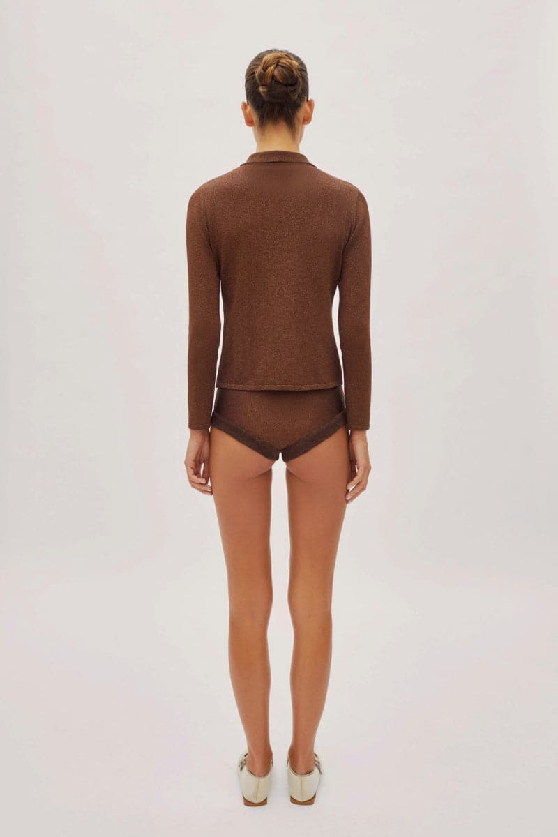 Labeca Nina chocolate sparkle button-up shirt, showcasing a stylish long-sleeve shirt with subtle shimmer fabric and classic collar.