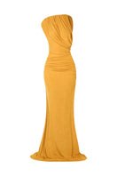 BBXBRAND Niyah Maxi Dress in Sweet Pineapple with an asymmetrical design, front view showcasing vibrant tropical print and flowy fabric.