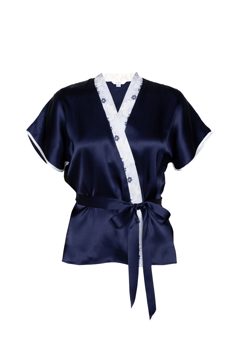 MARISA CHARMING SILK KIMONO WRAP JACKET IN EVENING BLUE - CULT MIA