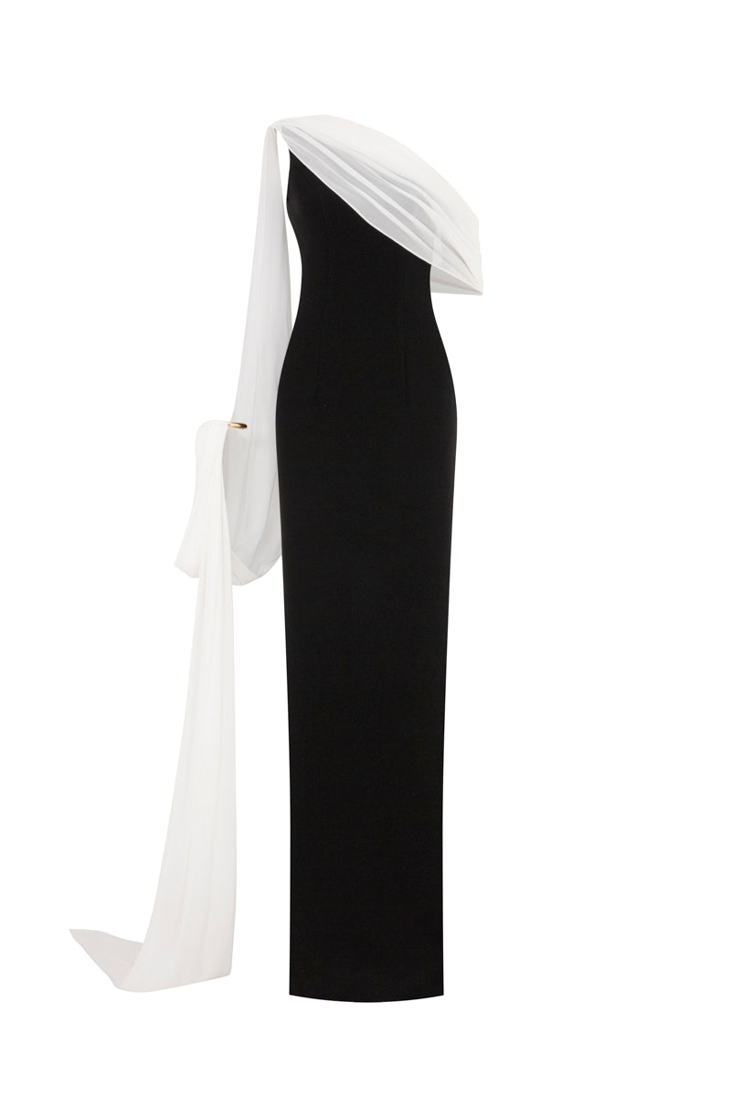 Poem Nocturne gown in white and black with ghostly pattern, elegant long gown for stylish occasions.