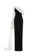 Poem Nocturne gown in white and black with ghostly pattern, elegant long dress for stylish evening wear.