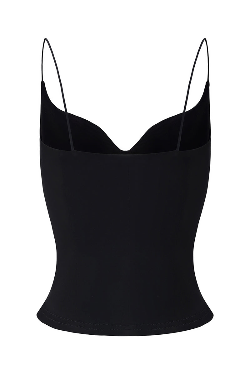 Black Noelia Cat-Eye Top by Nana Jacqueline, featuring a stylish cat-eye neckline and sleek fit, shown from the back.