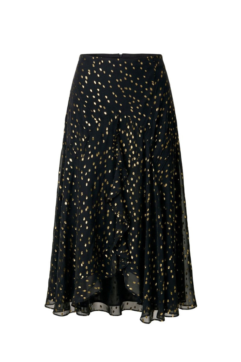 Rebecca Taylor Noha metallic dot midi skirt in noir, featuring a stylish metallic dot pattern and flowing midi length.