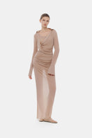 Nude draped ruched jersey maxi dress by Montsand, featuring elegant draping and fitted ruching for a sophisticated look.