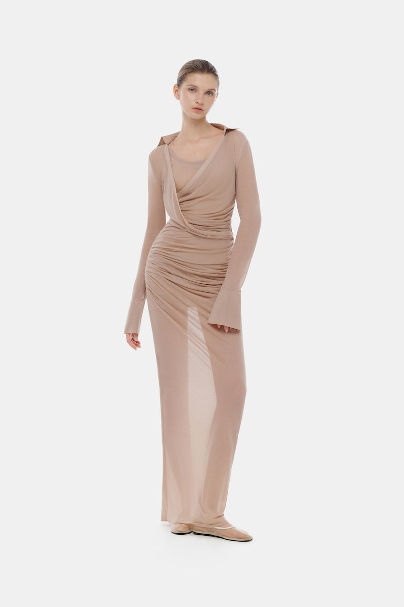 Nude draped ruched jersey maxi dress by Montsand, featuring elegant draping and fitted ruching for a sophisticated look.