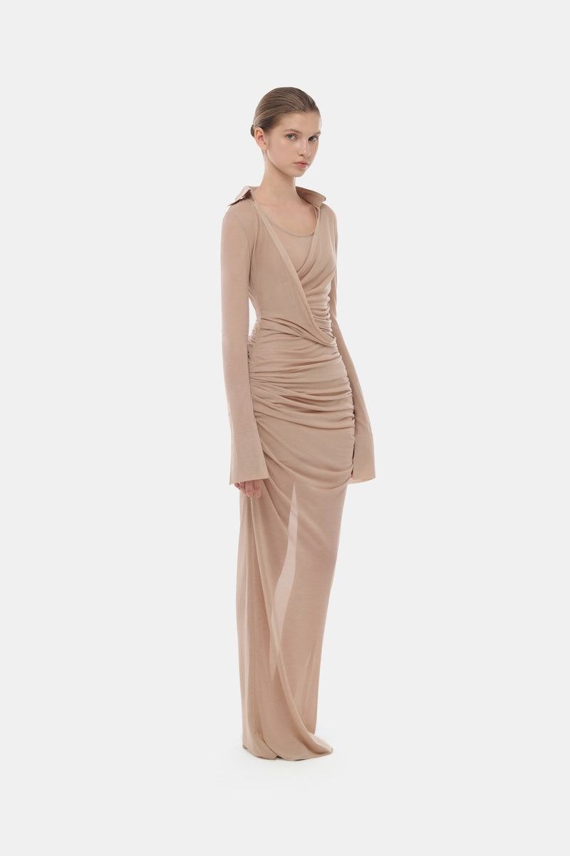ruched nude dress Nude Braided One Shoulder Ruched Slit Open Back Maxi Dress Hot Miami Styles