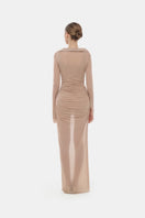 Nude draped ruched jersey maxi dress by Montsand featuring a flowing silhouette and elegant draping details.
