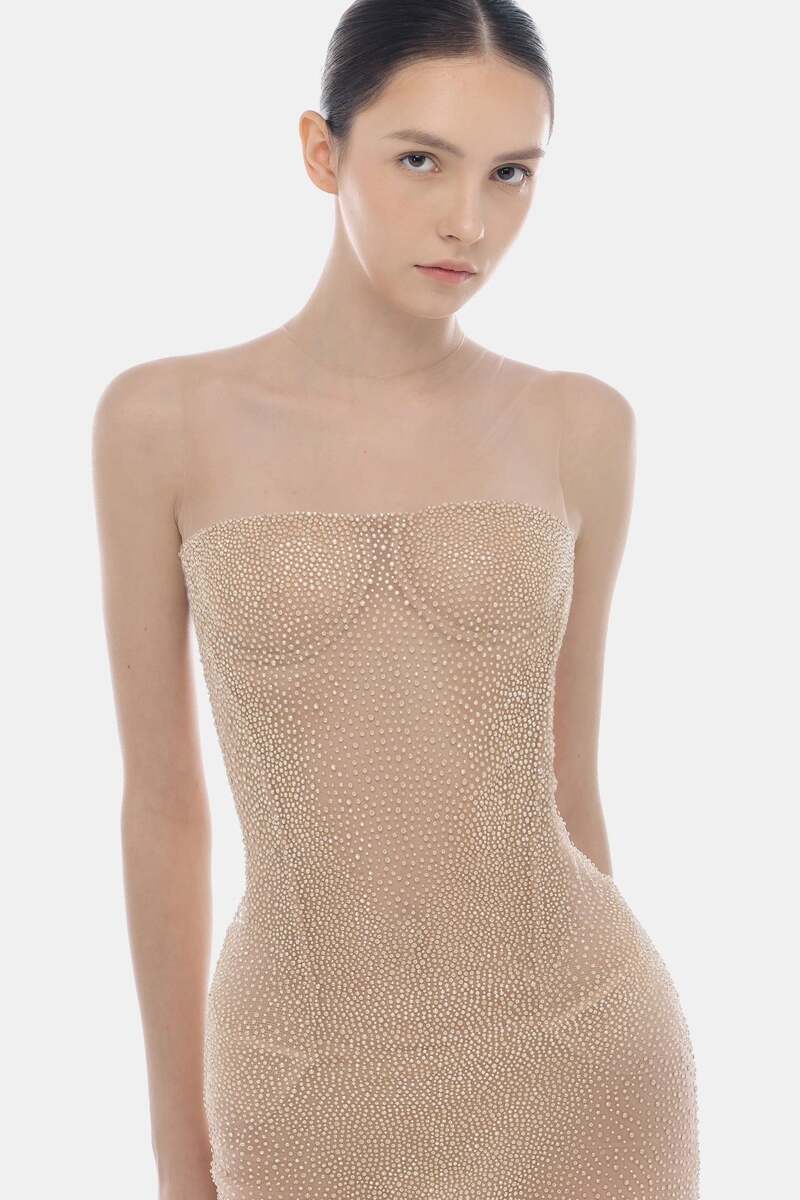 Nude embellished maxi dress by Montsand featuring intricate beadwork and flowing fabric, perfect for elegant occasions.