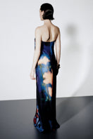 Back view of SISTERS Nyra Maxi Dress in Amber Sky, flowing maxi dress with a relaxed fit and soft fabric.
