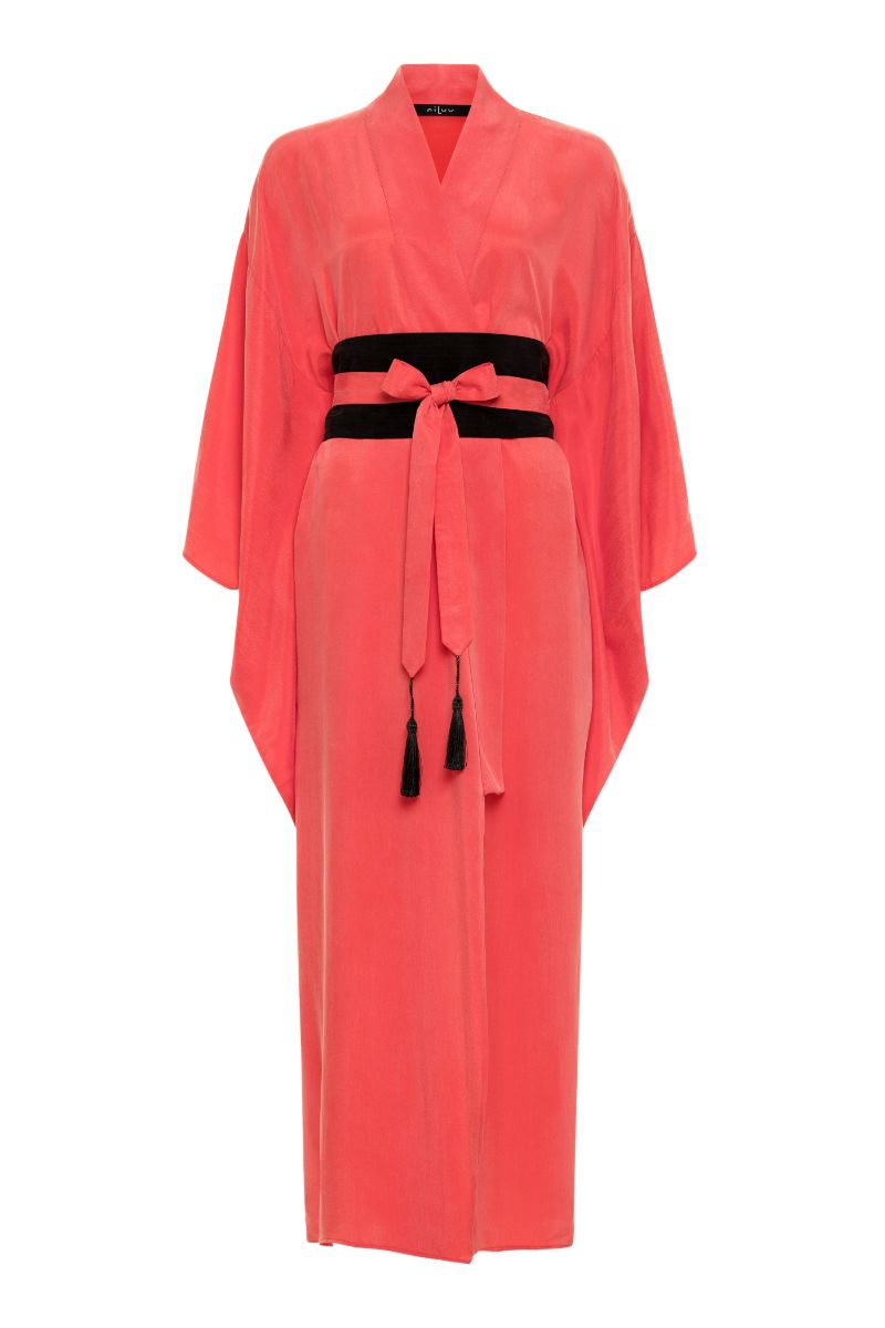 AQUAFLORA ANYA ORIENTAL KIMONO ROBE IN CORAL - CULT MIA