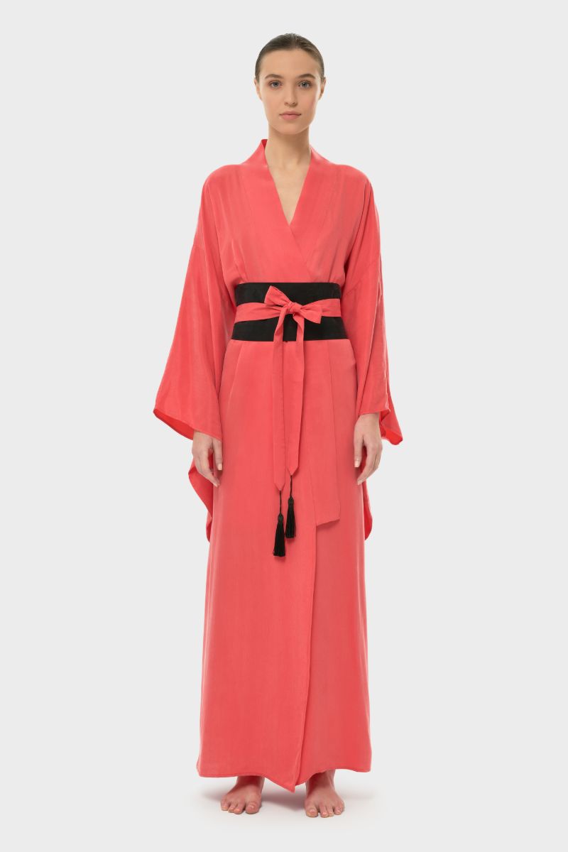 AQUAFLORA ANYA ORIENTAL KIMONO ROBE IN CORAL - CULT MIA