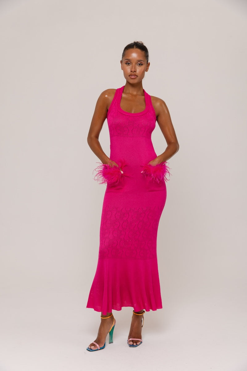 CAMELLIA KNIT DRESS WITH REAL OSTRICH FEATHER DETAILS