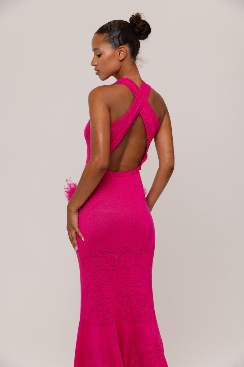 Andreeva camellia knit maxi dress with long sleeves and a flowy silhouette, perfect for casual or elegant occasions.