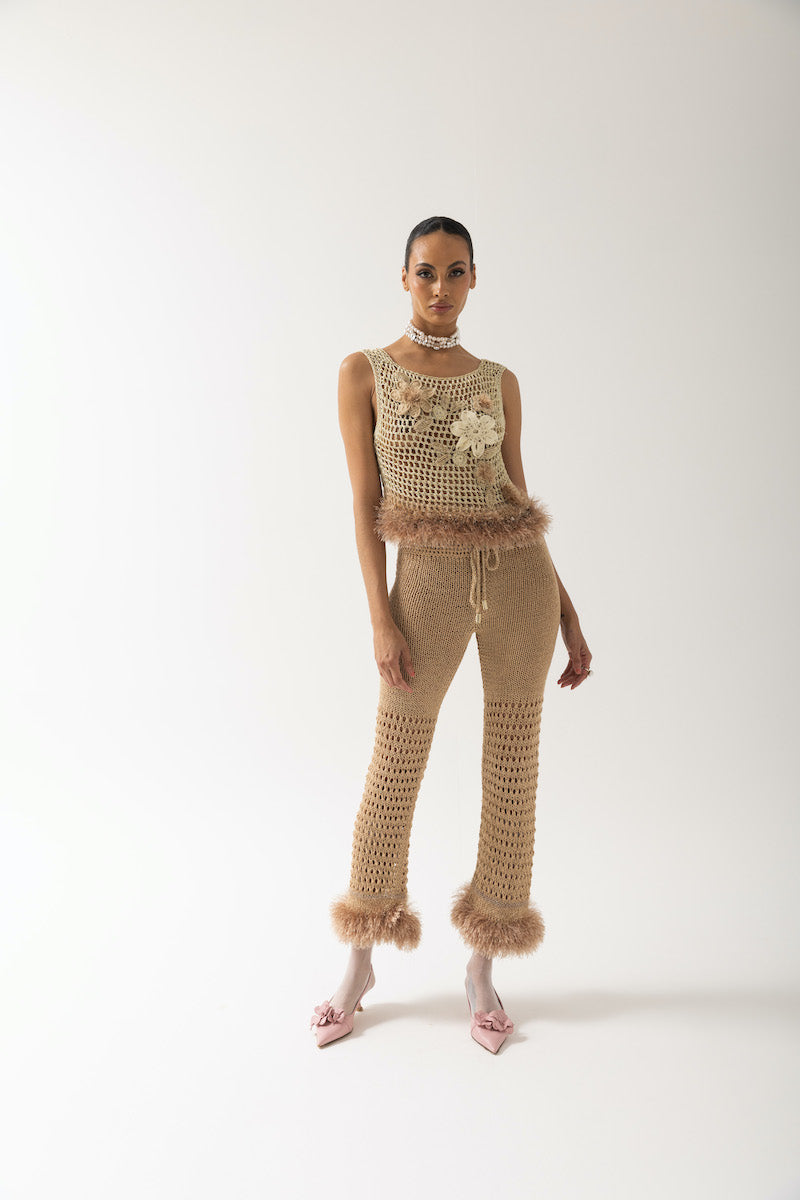 GOLD HANDMADE CROCHET TOP WITH EMBROIDERY - CULT MIA