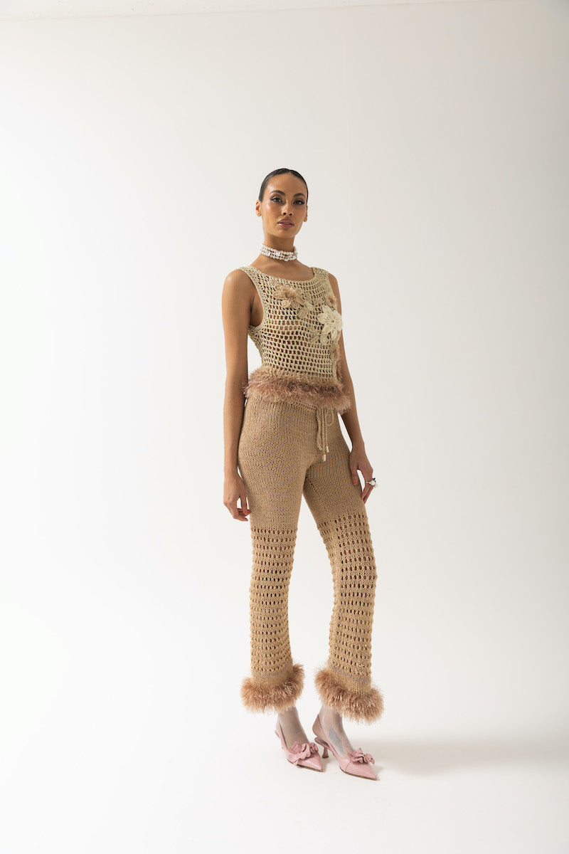 GOLD HANDMADE CROCHET TOP WITH EMBROIDERY - CULT MIA