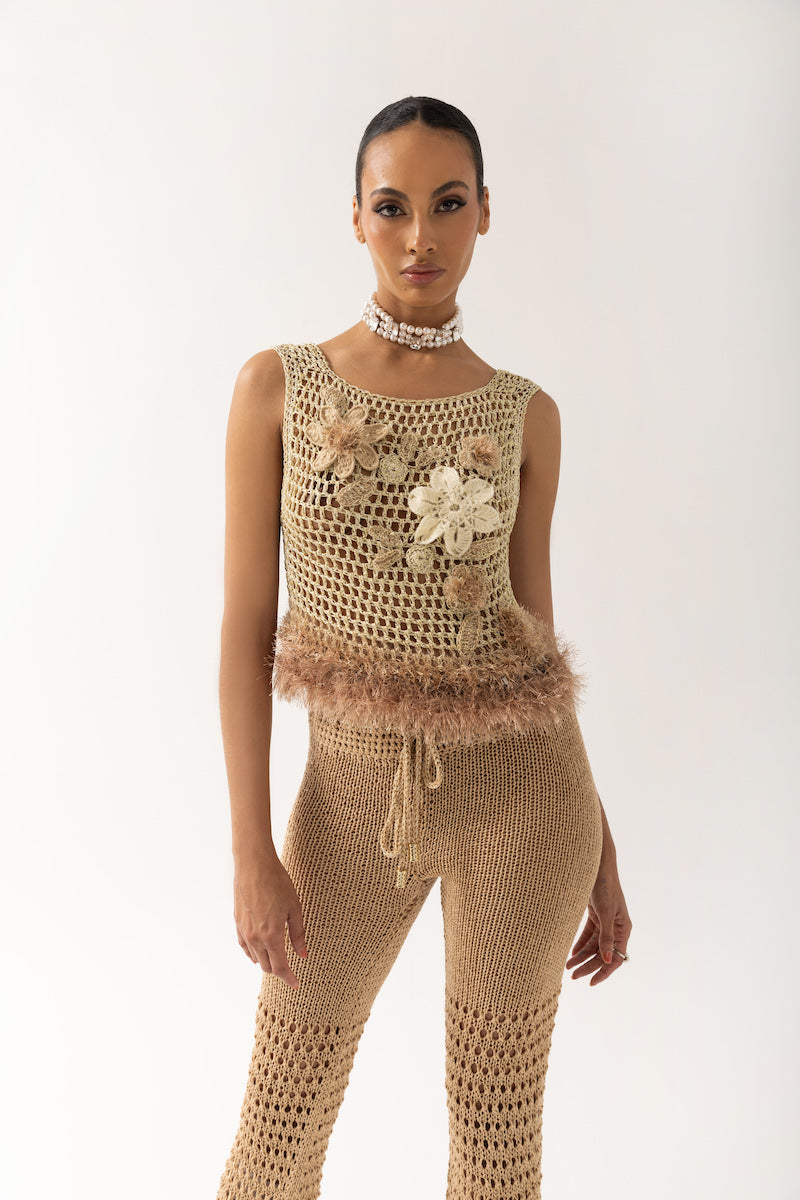 GOLD HANDMADE CROCHET TOP WITH EMBROIDERY - CULT MIA