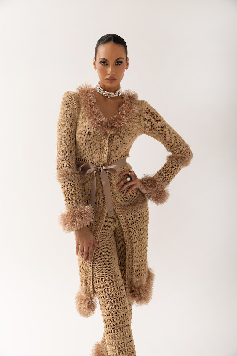 CAMILA BROWN HANDMADE KNIT CARDIGAN-DRESS - CULT MIA