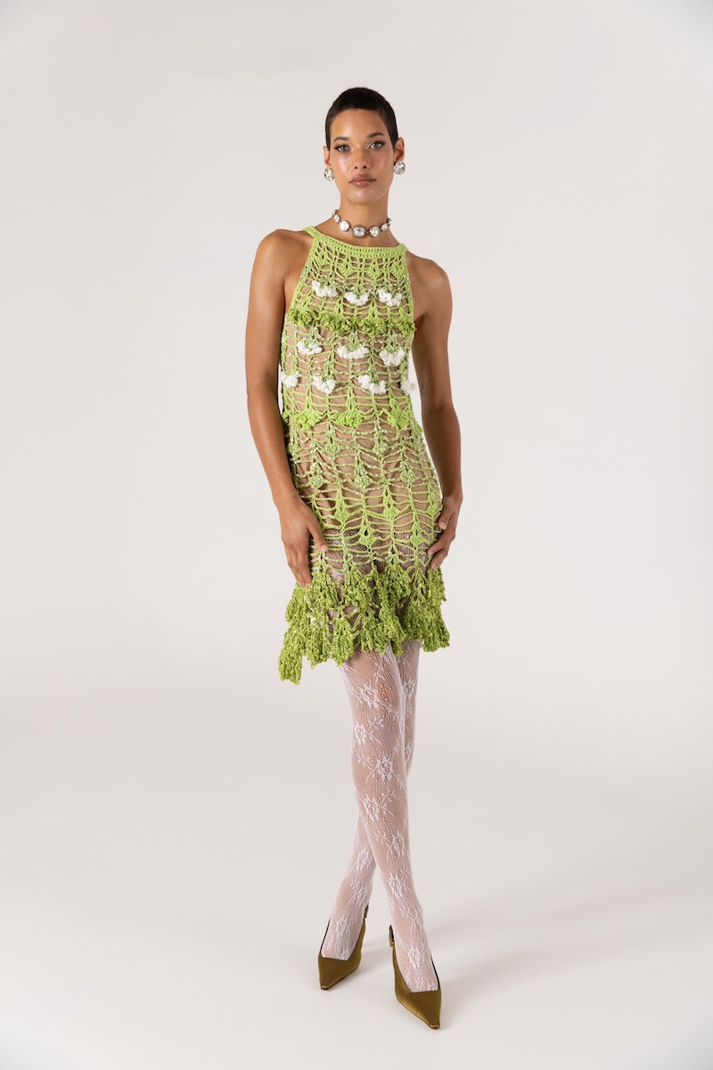 CHRYSANTHEMUM MINI GREEN HANDMADE CROCHET DRESS - CULT MIA