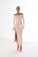 Pink vanilla knit midi skirt with feather details from Andreeva, featuring a soft, textured fabric and stylish feather accents.